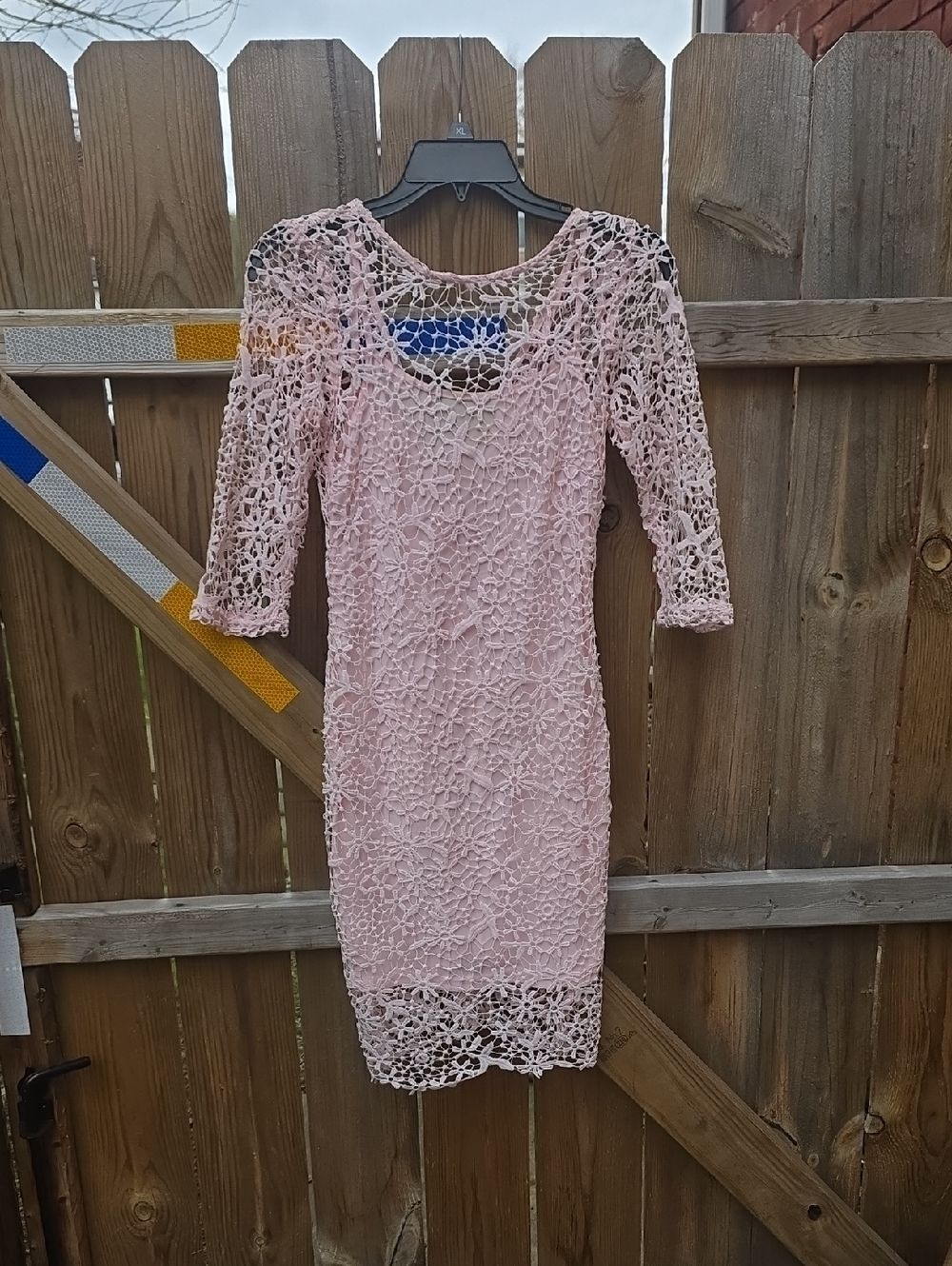 Women's Pink Lace Sheath Dress - Elegant Crochet Detail